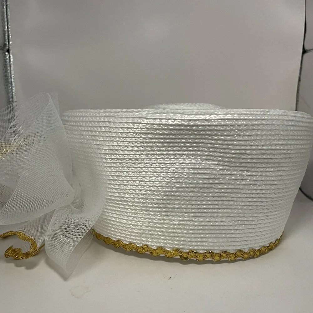 Hat Women's White Pillbox gold trim Large Mesh Bow church hat